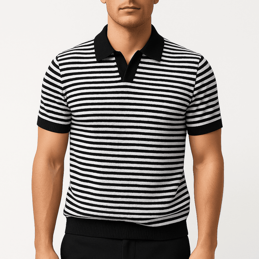 Nolan Striped Knit Polo – V-Neck Contrast Detail with Breathable Texture