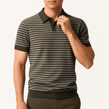 Nolan Striped Knit Polo – V-Neck Contrast Detail with Breathable Texture
