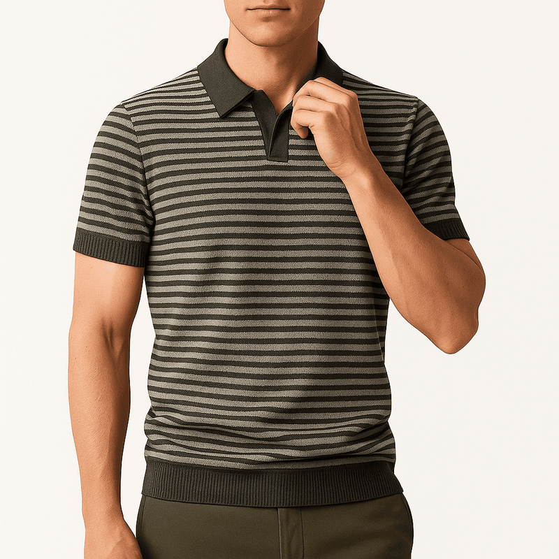 Nolan Striped Knit Polo – V-Neck Contrast Detail with Breathable Texture