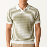 Nolan Striped Knit Polo – V-Neck Contrast Detail with Breathable Texture