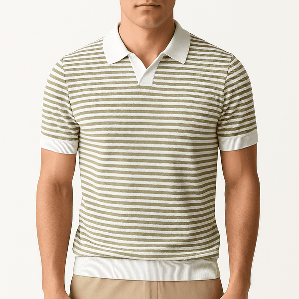 Nolan Striped Knit Polo – V-Neck Contrast Detail with Breathable Texture