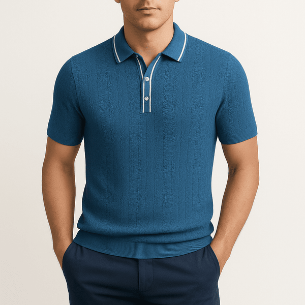 Theo Waffle Knit Polo – Textured Chevron Design with Contrast Collar