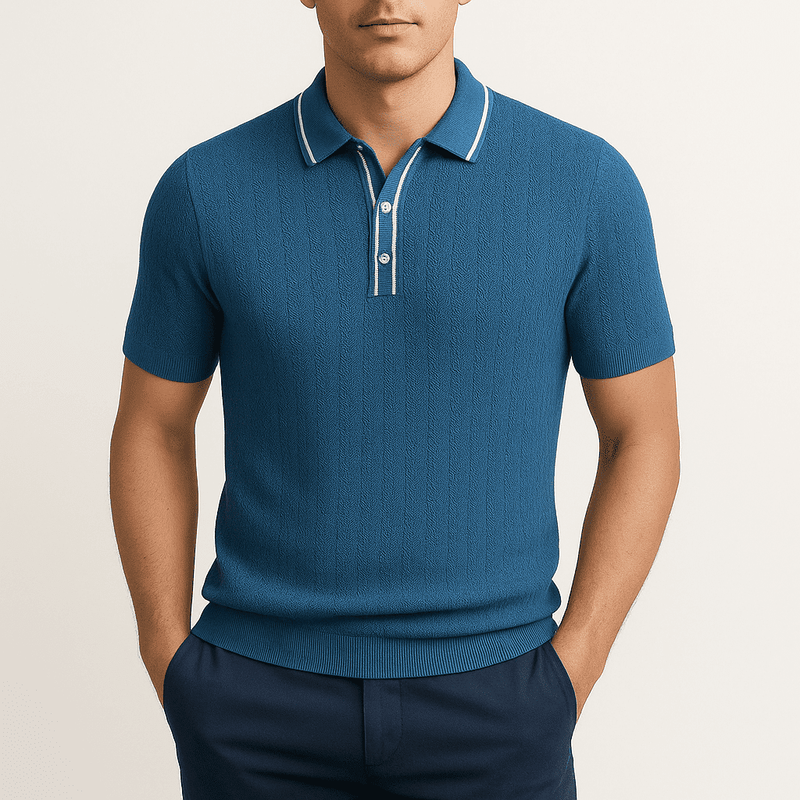 Theo Waffle Knit Polo – Textured Chevron Design with Contrast Collar