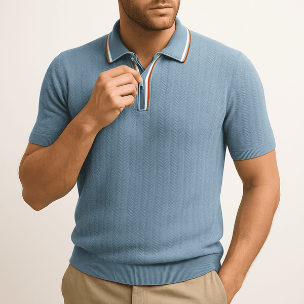 Theo Waffle Knit Polo – Textured Chevron Design with Contrast Collar