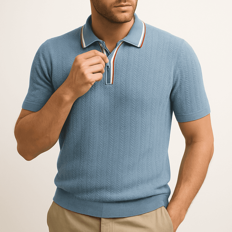 Theo Waffle Knit Polo – Textured Chevron Design with Contrast Collar