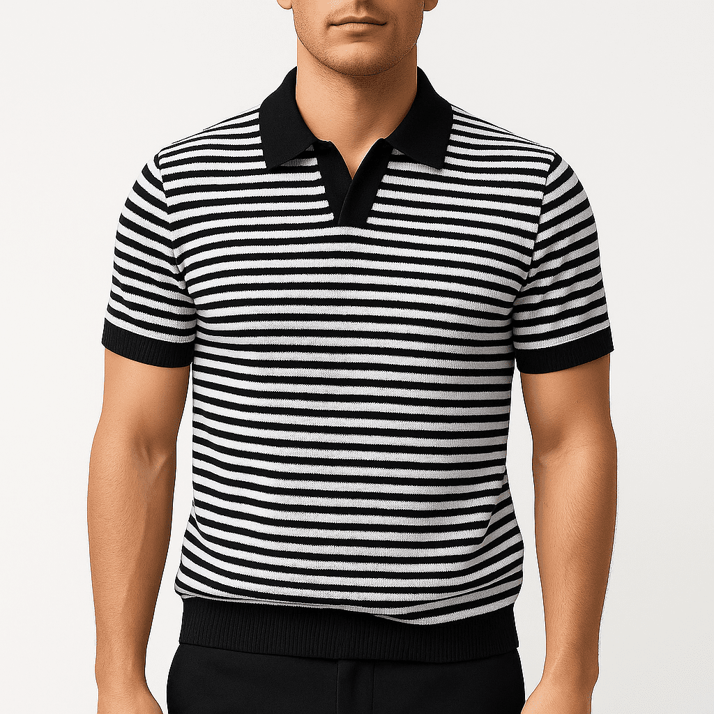 Nolan Striped Knit Polo – V-Neck Contrast Detail with Breathable Texture1