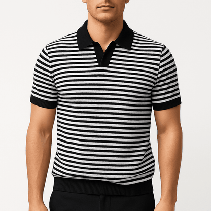 Nolan Striped Knit Polo – V-Neck Contrast Detail with Breathable Texture1